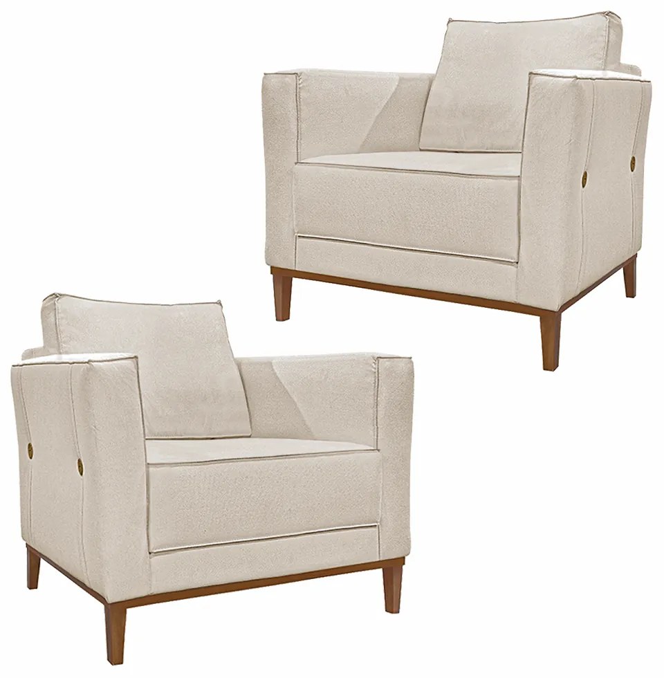 Kit 2 Poltronas Decorativas Pés em Madeira Tarantino Linho Off White Rústico G63 - Gran Belo