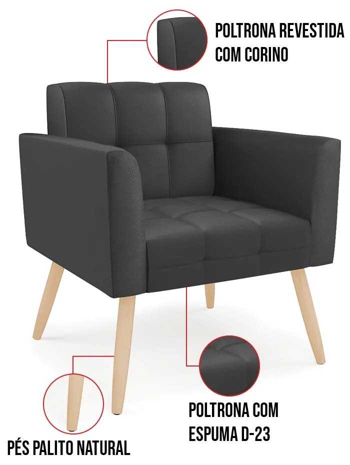 Kit 1 Sofá Namoradeira e 1 Poltrona Elisa Corino Pés Palito Natural D03 - D'Rossi - Preto