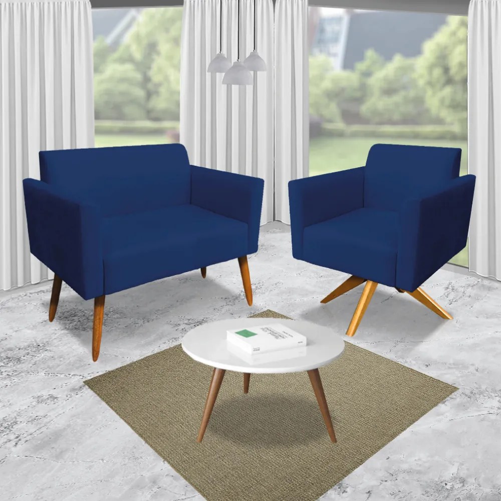 Kit 01 Namoradeira 02 Lugares e 02 Poltronas Marisa Suede Base Giratória Madeira MA30 D'Rossi - Azul Marinho