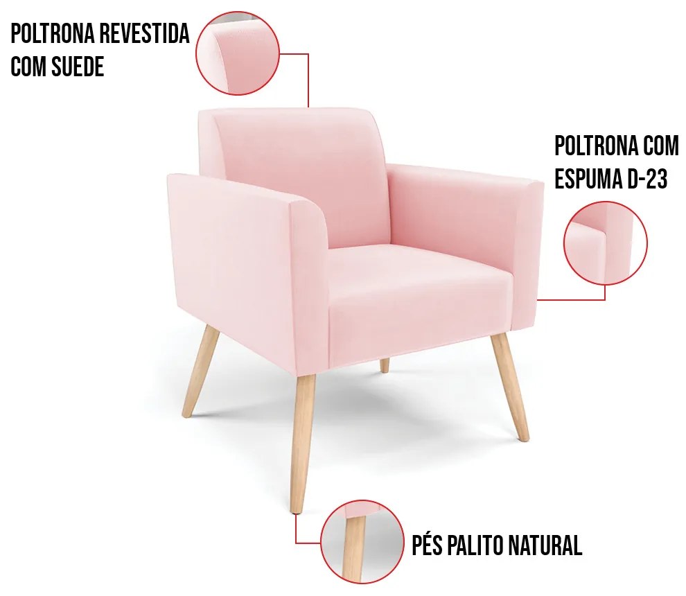 Poltrona Pés Palito Natural Marisa Suede D03 - D'Rossi - Rosa Bebê