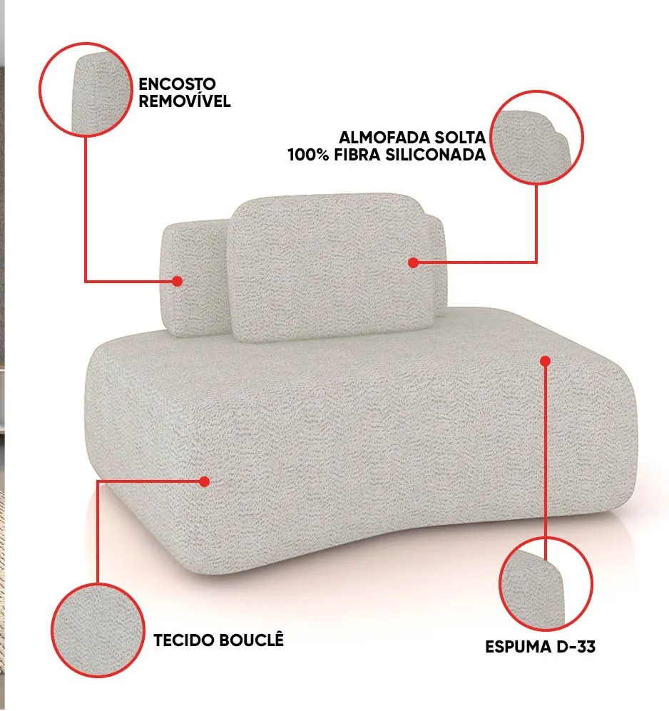 Sofá Módulo Canto 175cm Orgânico Sala Berlim Bouclê K01 - D'Rossi - Cinza claro