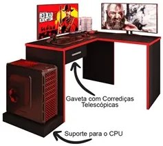 Mesa Gamer em L Para Computador DRX9000 Preto/Vermelho - Móveis Leão