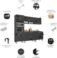 Armário de Cozinha Com Tampo CP05 240cm Pérola Preto Z34      - Mpozen