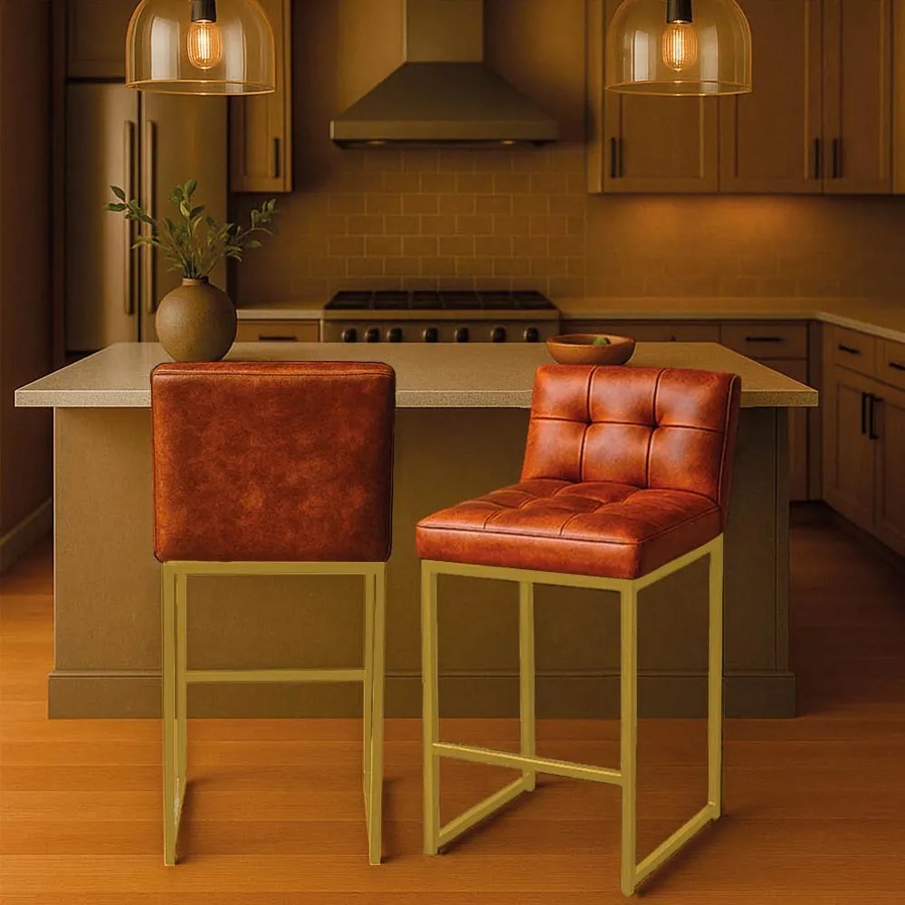 Banqueta Cozinha Alta com Encosto Industrial Kit 2 Dourado Lirina PU C05 - D'Rossi - Nozes
