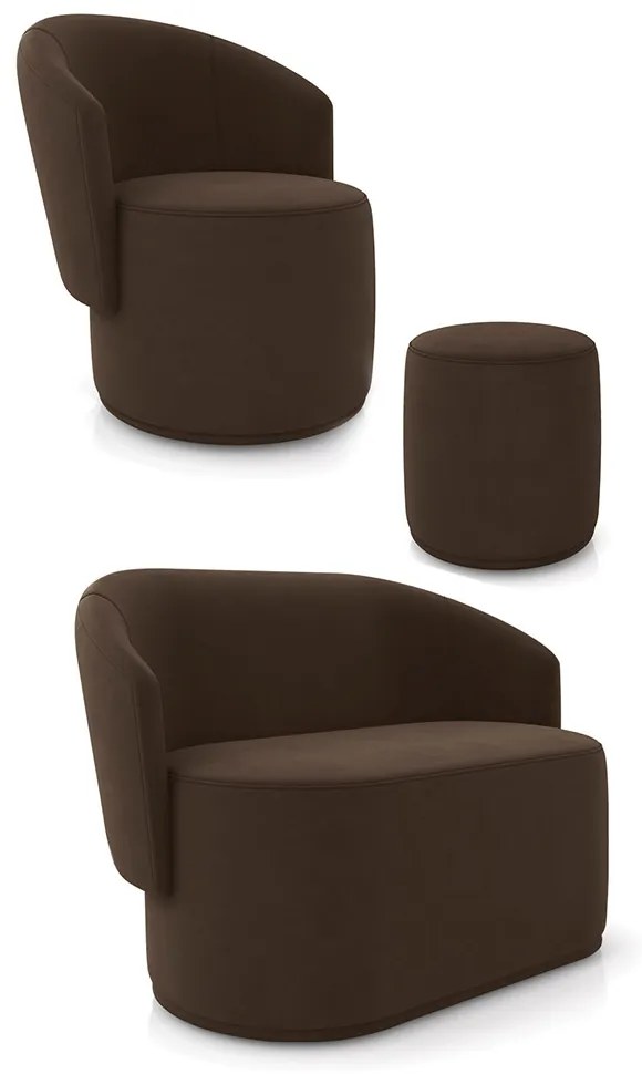 Sofá Namoradeira com Poltrona e Puff Orgânico Sala Malu Suede M11 - D'Rossi - Marrom