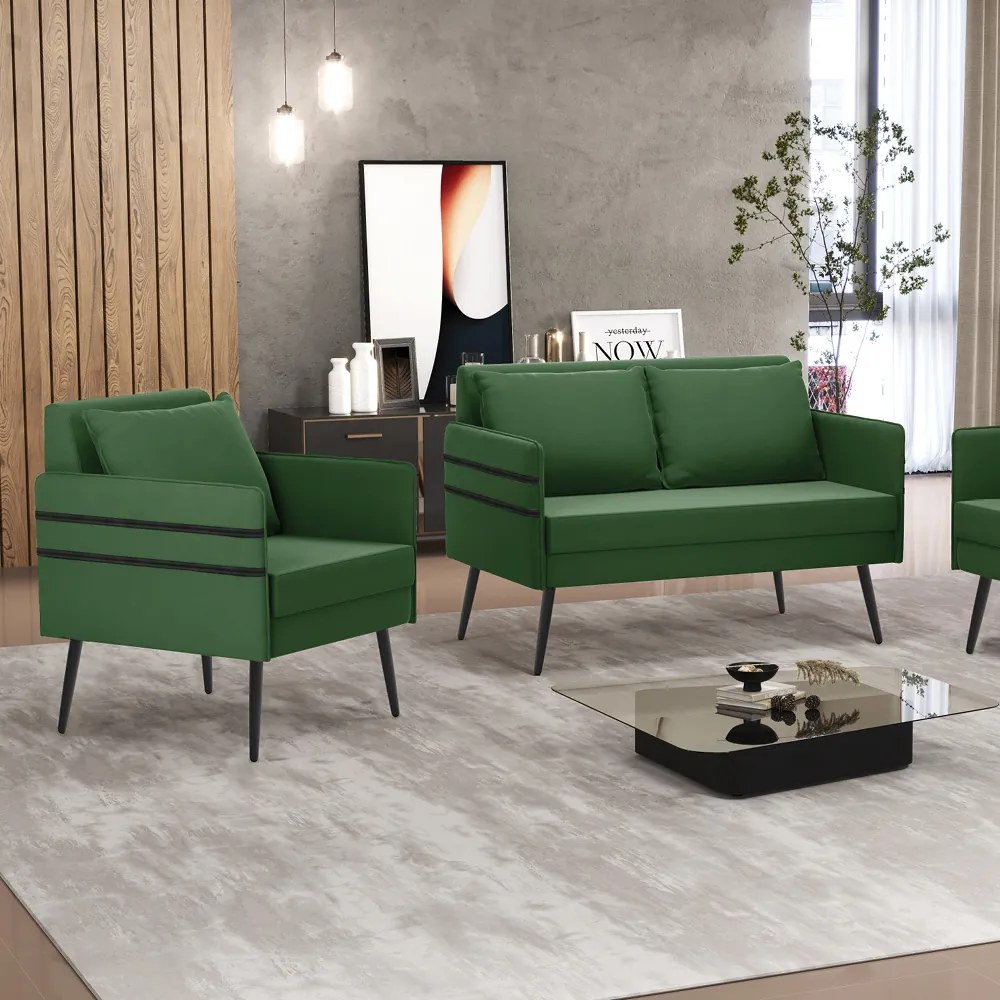 Kit 01 Namoradeira 02 Lugares e 01 Poltrona Mari Suede Verde Pés Palito de Ferro - D'Rossi