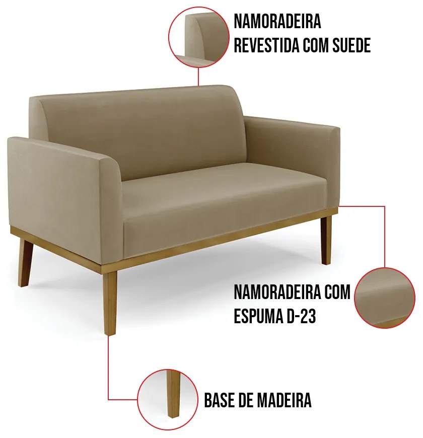 Sofá 2 Lugares Namoradeira Marisa Base Madeira Castanho Suede D03 - D'Rossi - Marrom Rato