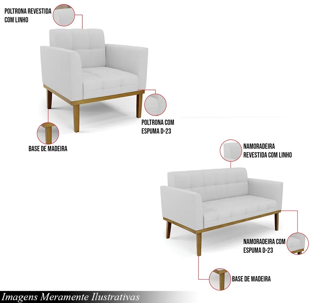 Conjunto 2 Poltronas e 1 Namoradeira Decorativa Karen Pés Fixo em Madeira Castanho Linho Cinza G19 - Gran Belo
