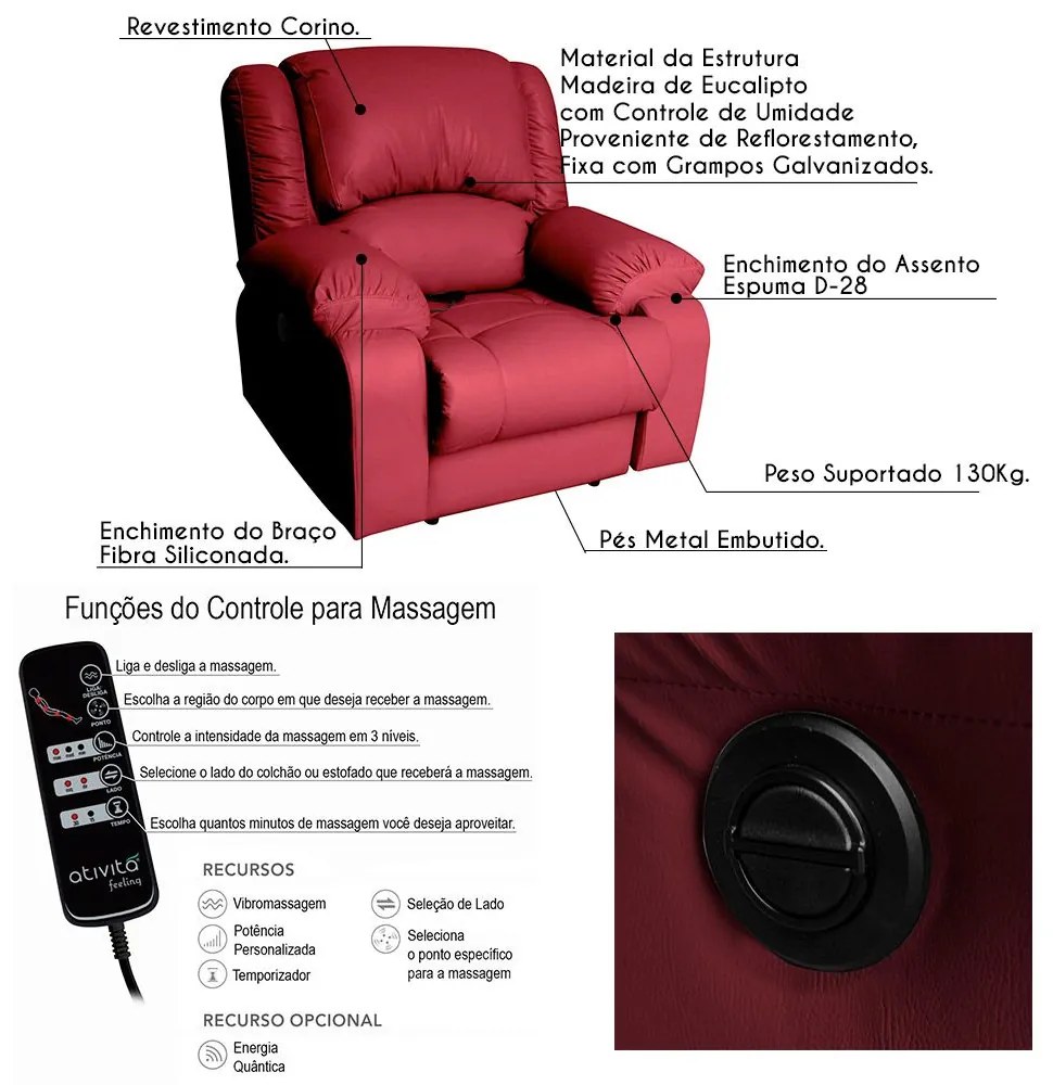 Poltrona do Papai Reclinável Elétrica com Massagem Magnum PU Sintético Vermelho G23 - Gran Belo