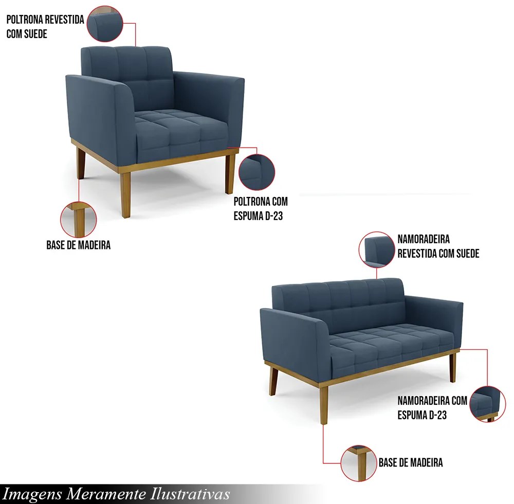 Conjunto 2 Poltronas e 1 Namoradeira Decorativa Karen Pés Fixo em Madeira Castanho Suede Azul Marinho G19 - Gran Belo