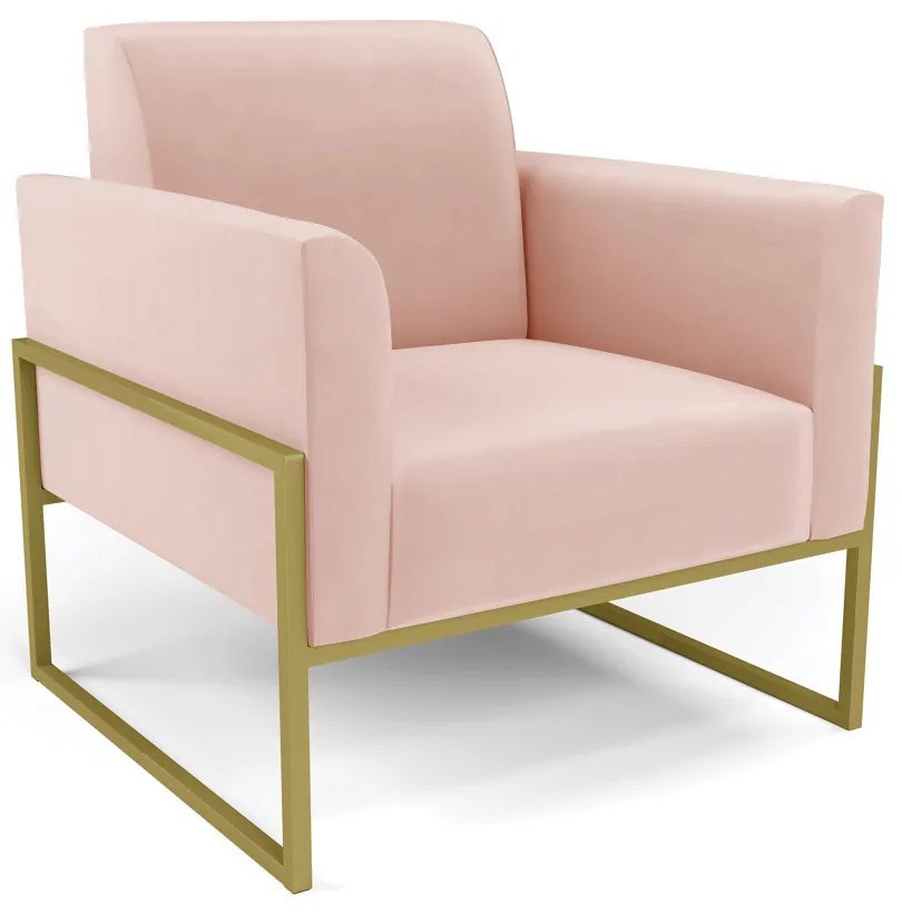 Sofá Namoradeira com 2 Poltronas Base Industrial Alta Dourado Marisa Veludo Rosê