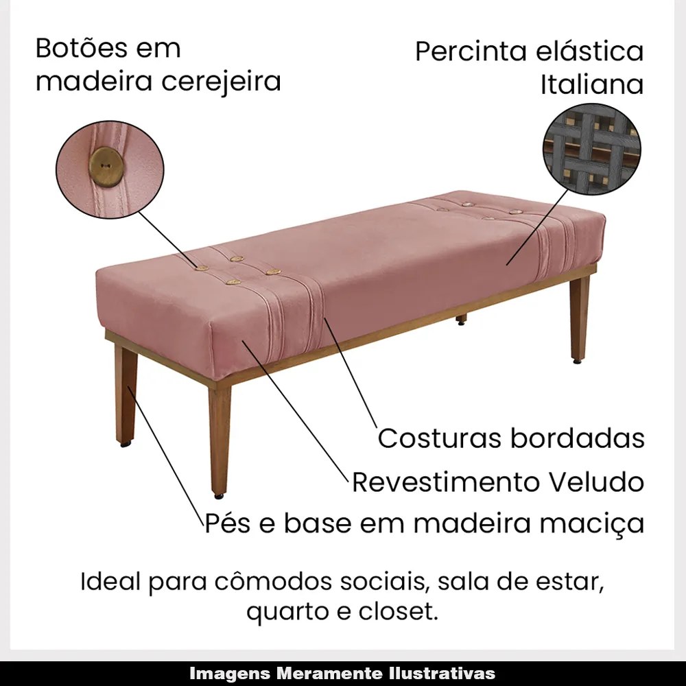Recamier Decorativo 160cm Kors Veludo Pés de Madeira Rosa G63 - Gran Belo