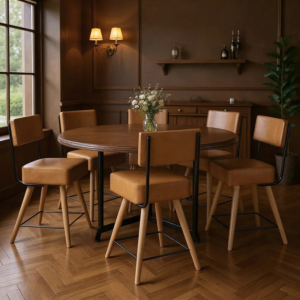 Banqueta Baixa Cozinha 50cm Encosto Pé Madeira Kit 6 Barcelona Pu S02 - D'Rossi - Caramelo