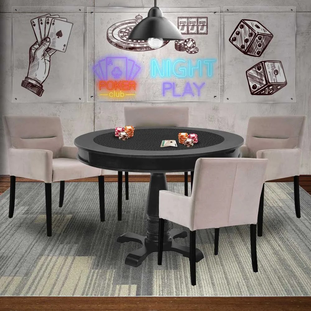 Mesa de Jogos Carteado Redonda Victoria Tampo Reversível Preto com 4 Cadeiras Vicenza Nude G36 G15 - Gran Belo