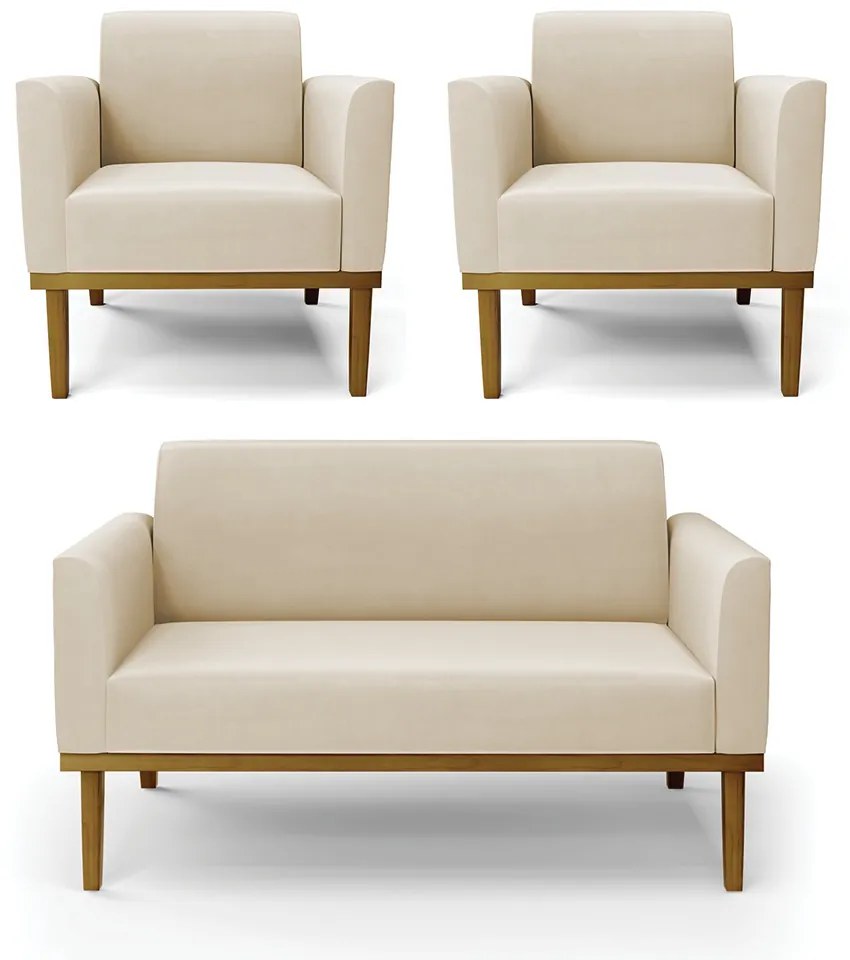Conjunto 2 Poltronas e 1 Namoradeira Decorativa Isabella Pés Fixo em Madeira Castanho Suede Bege G19 - Gran Belo