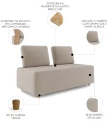 Sofá 2 Lugares 148cm Sala de Estar Rovier Veludo Bege Z32 - Mpozenat