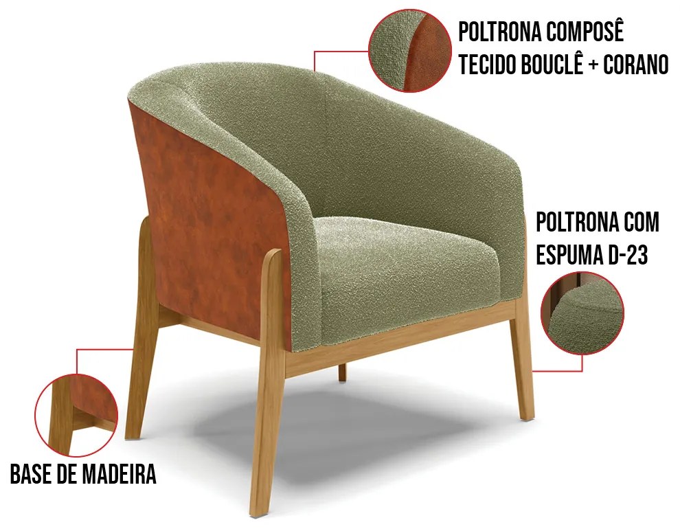 Poltrona Decorativa Base Madeira Kit 2 Stella PU Nozes/Bouclê D03 - D'Rossi - Pistache