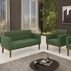 Sofá Namoradeira e 1 Poltrona Base Madeira Castanho Ana Suede Verde -