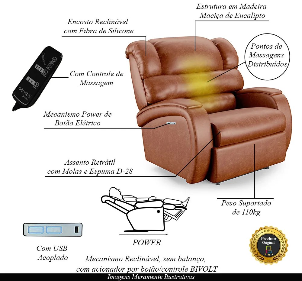 Poltrona do Papai Sala de Cinema Reclinável Kylie Elétrica Botão com Led Massagem USB PU Caramelo Brilho G23