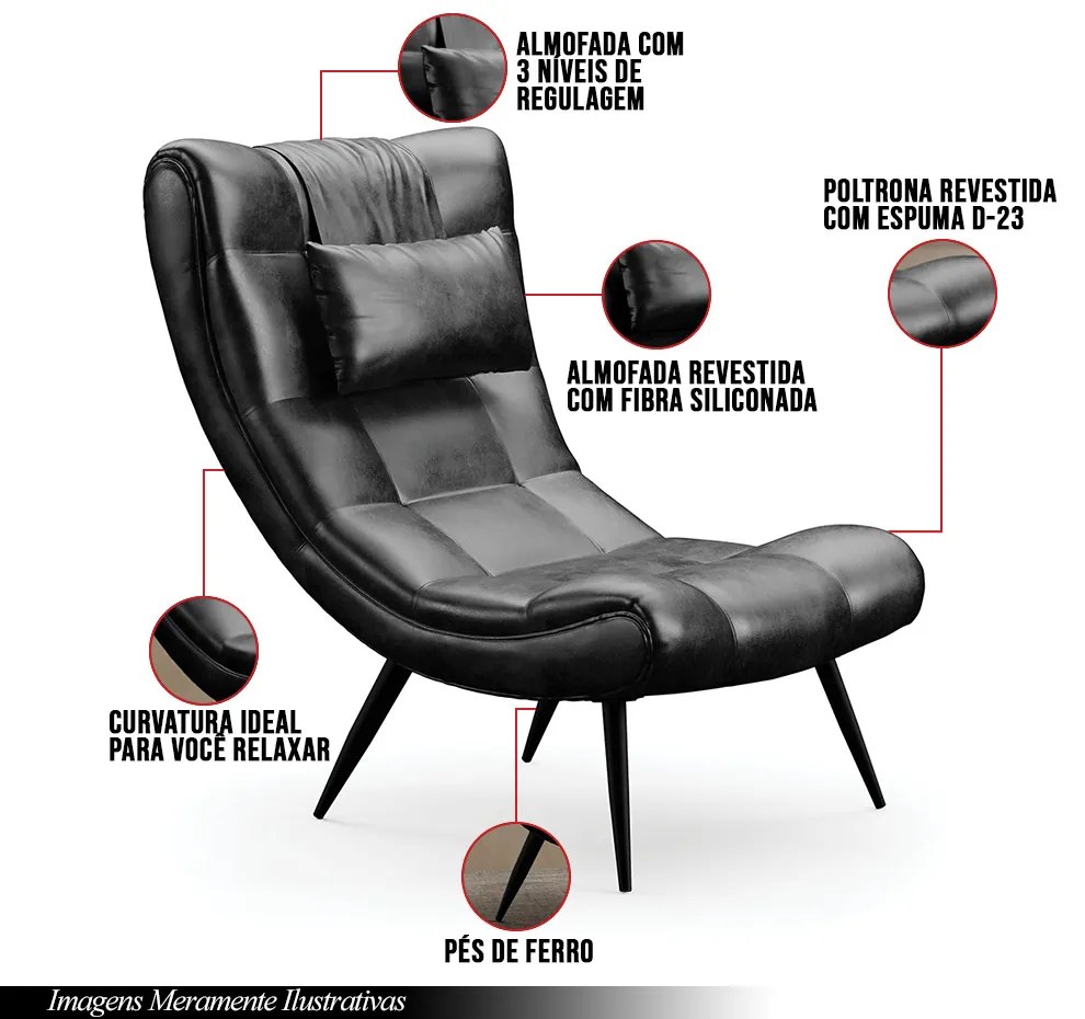 Kit 2 Poltronas Decorativas Sala de Estar Pés Palito Letty PU Preto G19 - Gran Belo