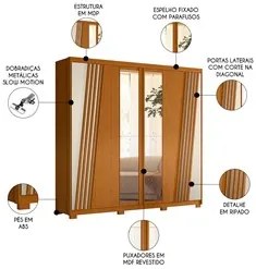 Guarda Roupa Casal 6 Portas Com Espelho 240cm Ouro Verde Cinamomo/Off