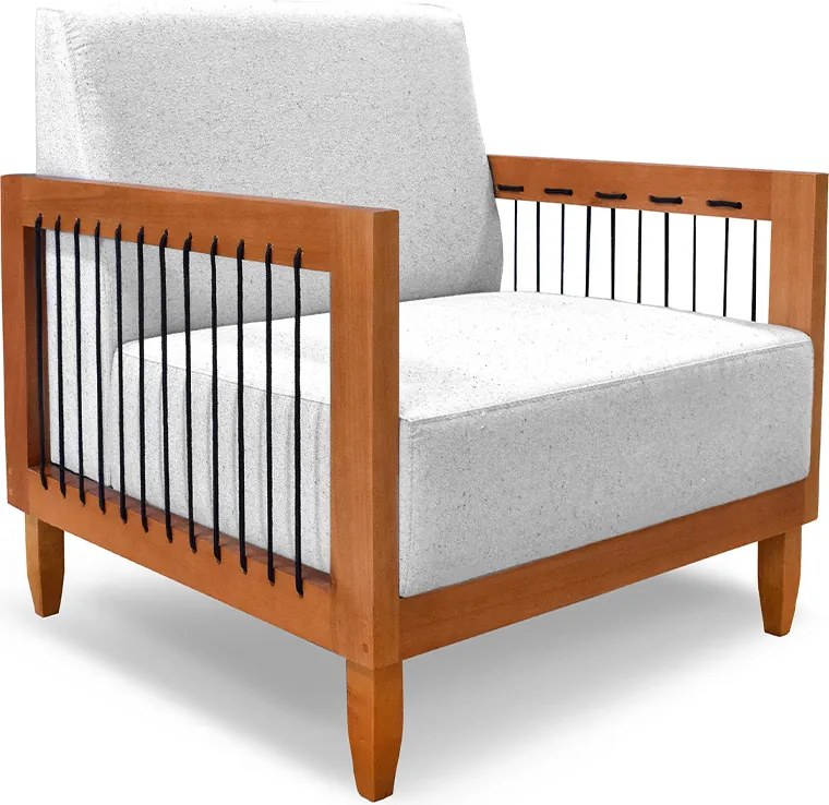 Poltrona Sala de Estar Pés Madeira Maciça Corda Náutica Preta 75cm Manila Linho Cinza Rústico G63 - Gran Belo
