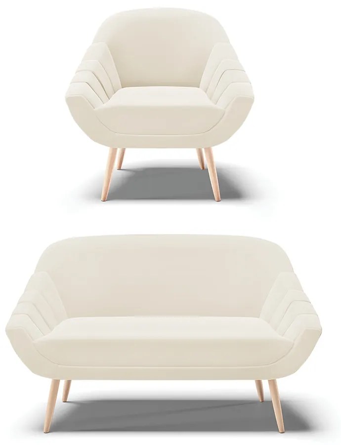 Kit 01 Namoradeira 02 Lugares e 01 Poltrona Giovana Veludo Bege Pés Palito Natural - Indo Decorar