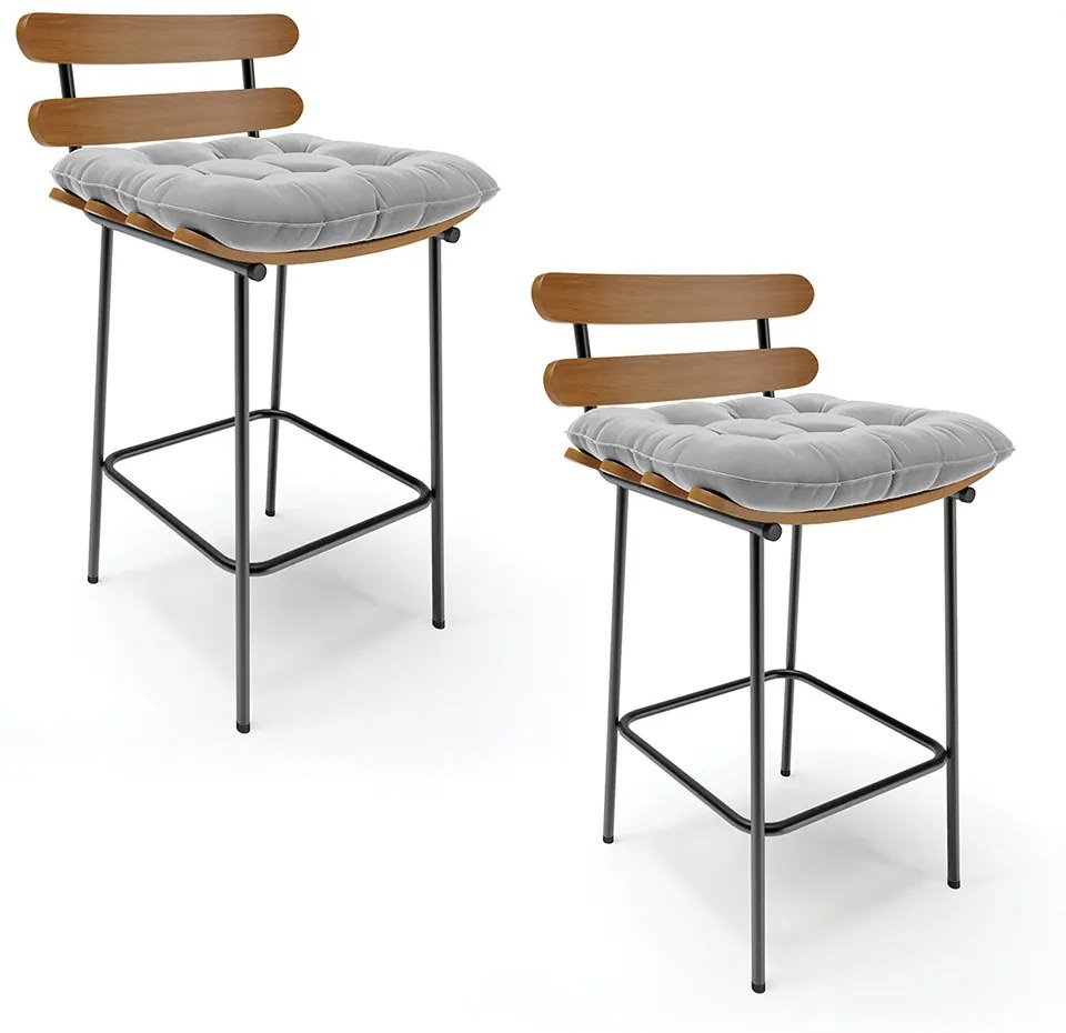 Kit 02 Banquetas Costela Suede Cinza Base Metálica Preto - D'Rossi