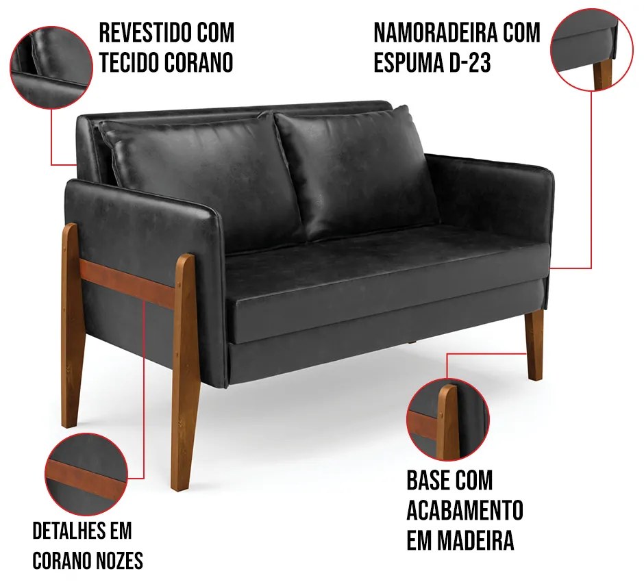 Sofá Namoradeira Lana Corano Base de Madeira D03 - D'Rossi - Preto