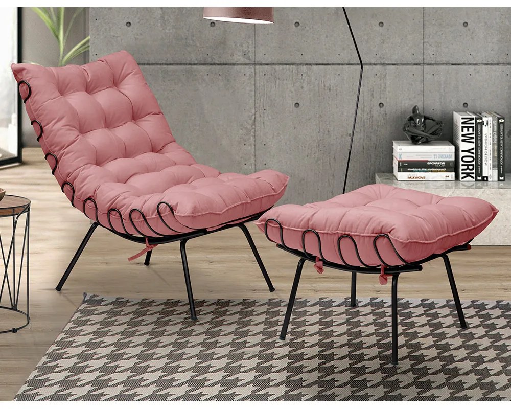 Puff Decorativo Sala de Estar Abel Pés Preto Suede Rosa G41 - Gran Belo