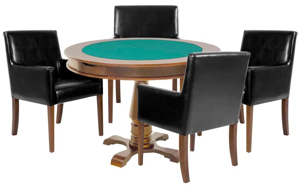 Mesa de Jogos Carteado Victoria Redonda Tampo Reversível Amêndoa com 4 Cadeiras Liverpool Corino Preto Liso G36 G15 - Gran Belo
