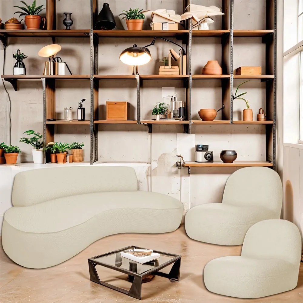 Sofá Curvo 160cm 2 Lugares e 2 Poltrona Amsterdã Linho - ADJ Decor