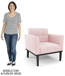Sofá Namoradeira e 1 Poltrona Base Madeira Preto Ana Suede Rosa Bebê -