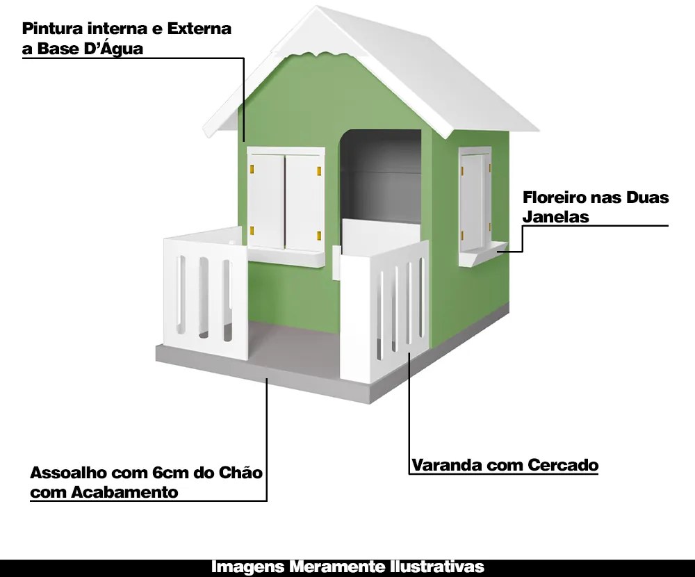 Casinha De Brinquedo Com Cercado Floreiros MDF Verde/Branco L12 - Gran Belo
