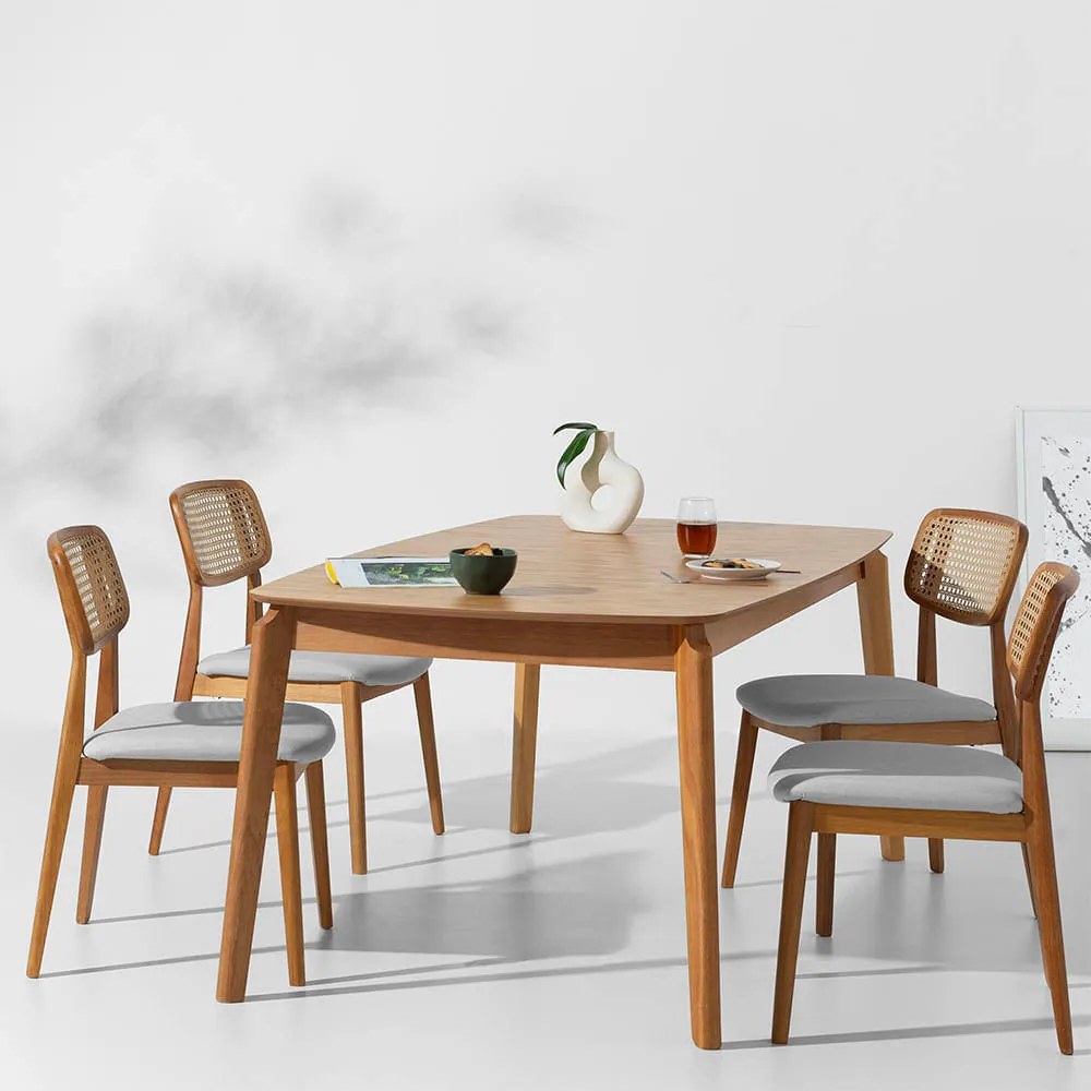 Conjunto Mesa de Jantar Lalá Retangular Carvalho Americano - 1,80mx1,00m + 4 Cadeira Lótus Encosto Palha Larga Linne - Cinza
