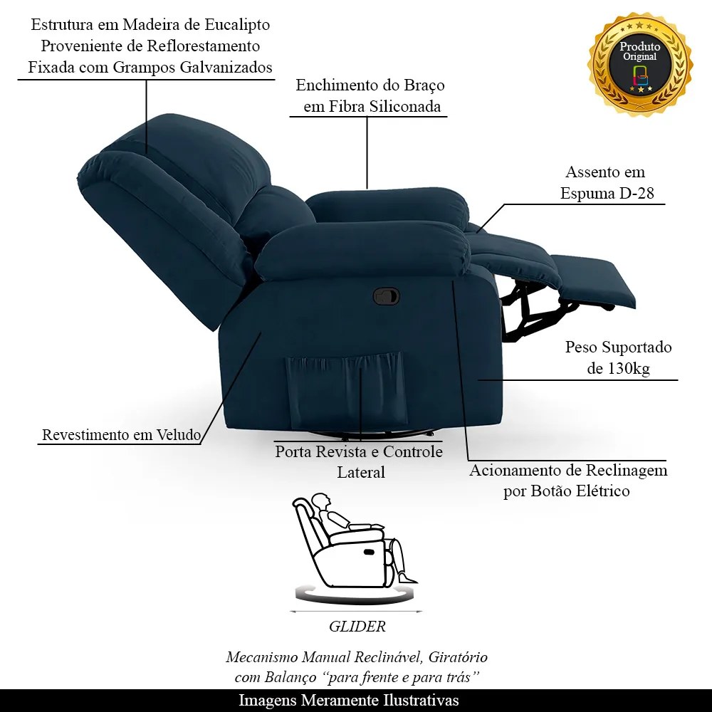 Poltrona do Papai Reclinável Sala de Cinema Madrid Glider Manual Giratória Veludo Azul G23