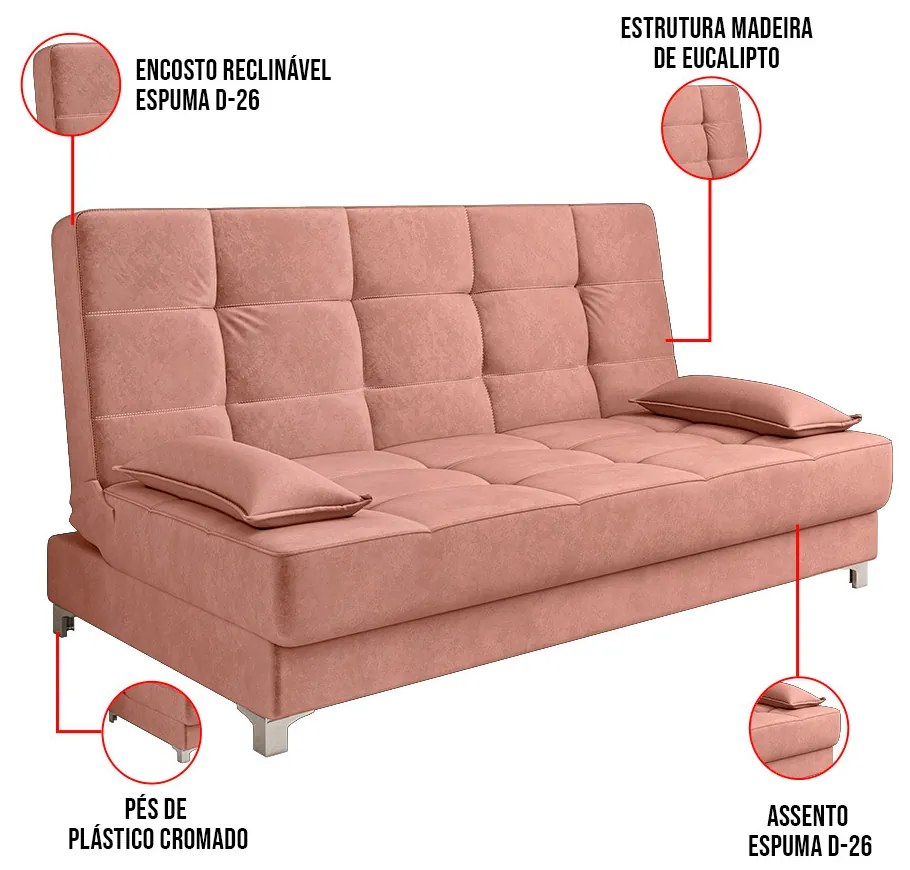 Sofá Cama Equador 193 cm Encosto Reclinável Veludo Pés Plástico Cromado - D'Rossi - Rose