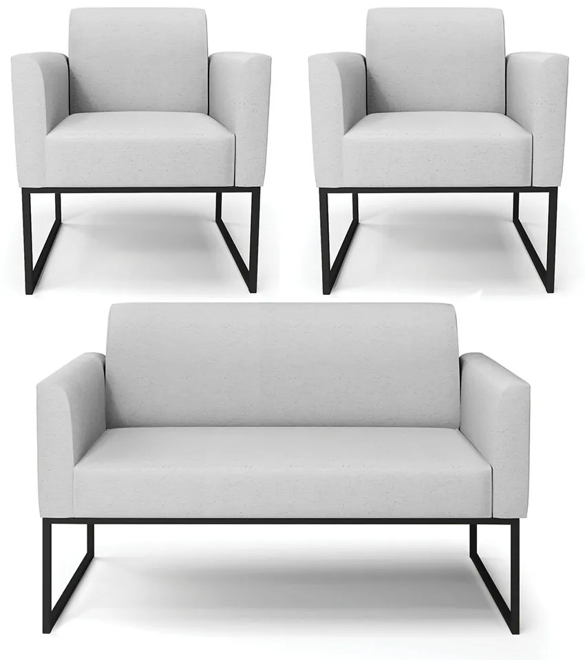 Sofá Namoradeira com 2 Poltronas Base Industrial Preto Marisa Linho D03 - D'Rossi - A05 Cinza