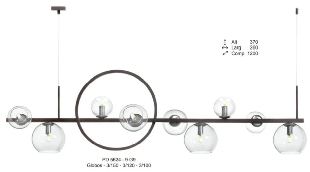 Pendente Solênio Retangular C/ Aro 120X26X37Cm Globo Aberto Ø10Cm / Ø1... (PRETO, CLEAR (Transparente))