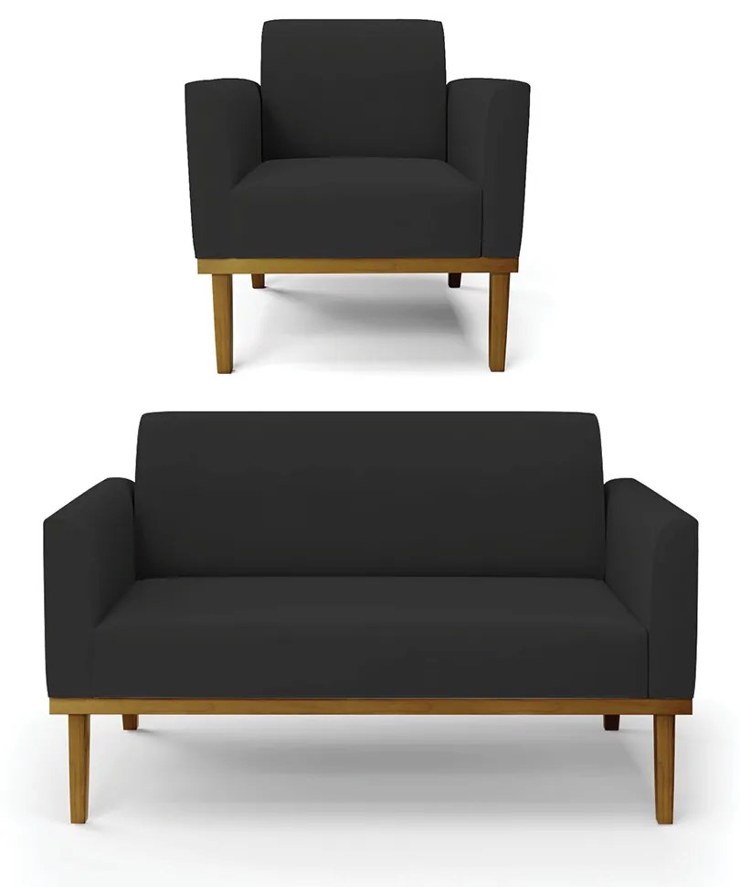 Conjunto Poltrona e Namoradeira Decorativas Karen Pés Fixo em Madeira Castanho Veludo Preto G19 - Gran Belo