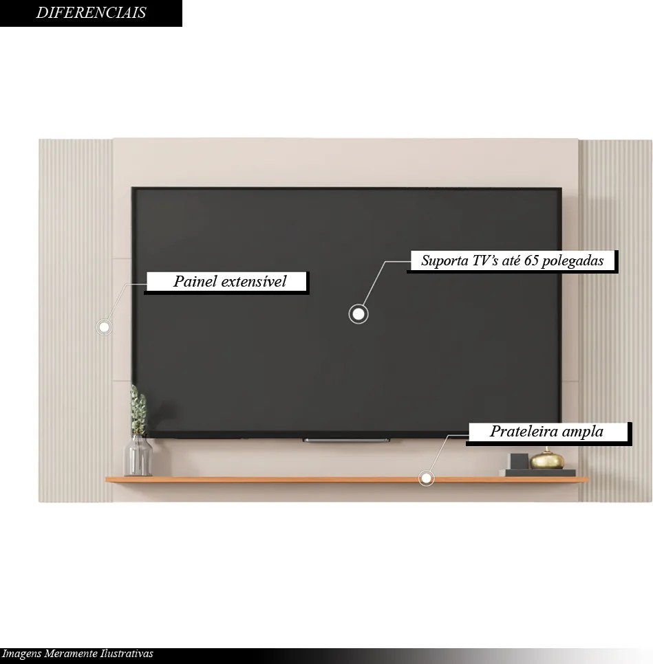 Painel Extensível 180cm Átomo TV até 65 Polegadas Prateleira OffWhite/Freijo G11 Gran Belo