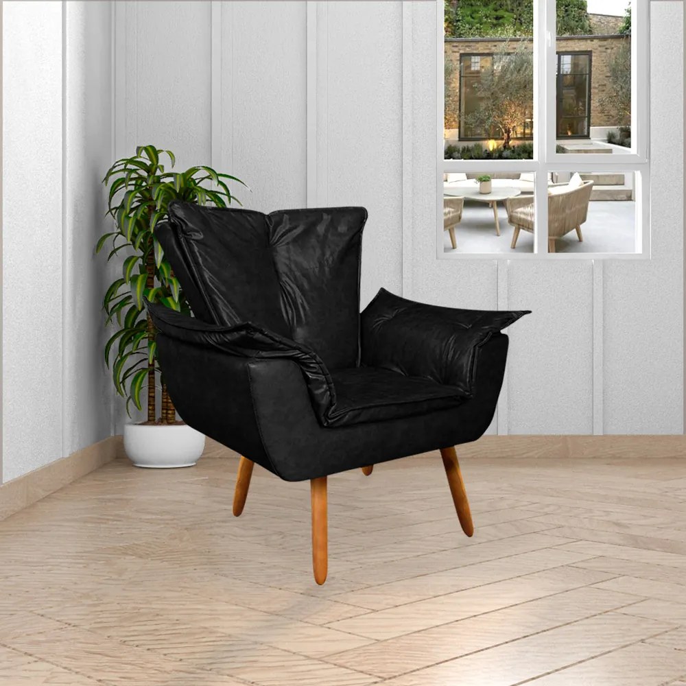 Poltrona Decorativa Pés Palito Charger PU Preto G19 - Gran Belo