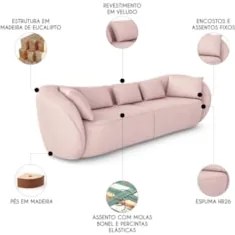 Sofá 4 Lugares 292cm Orgânico Pé Madeira Yume Veludo Rose Z55 - Mpozen
