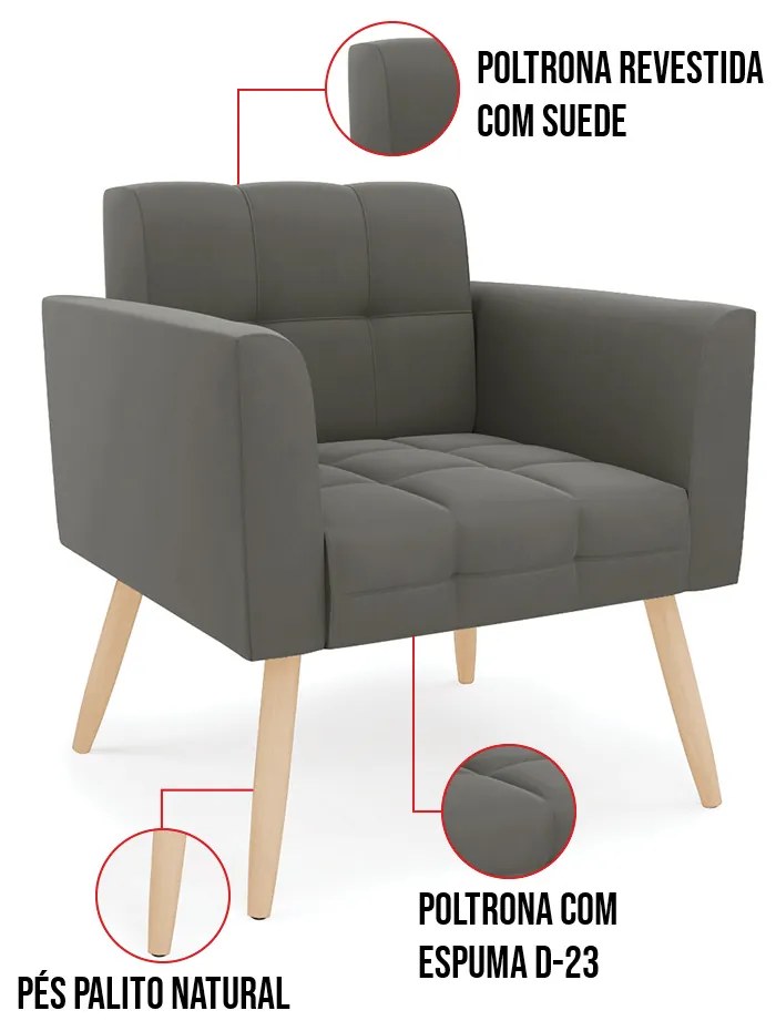 Kit 1 Sofá Namoradeira e 1 Poltrona Elisa Suede Pés Palito Natural D03 - D'Rossi - Grafite