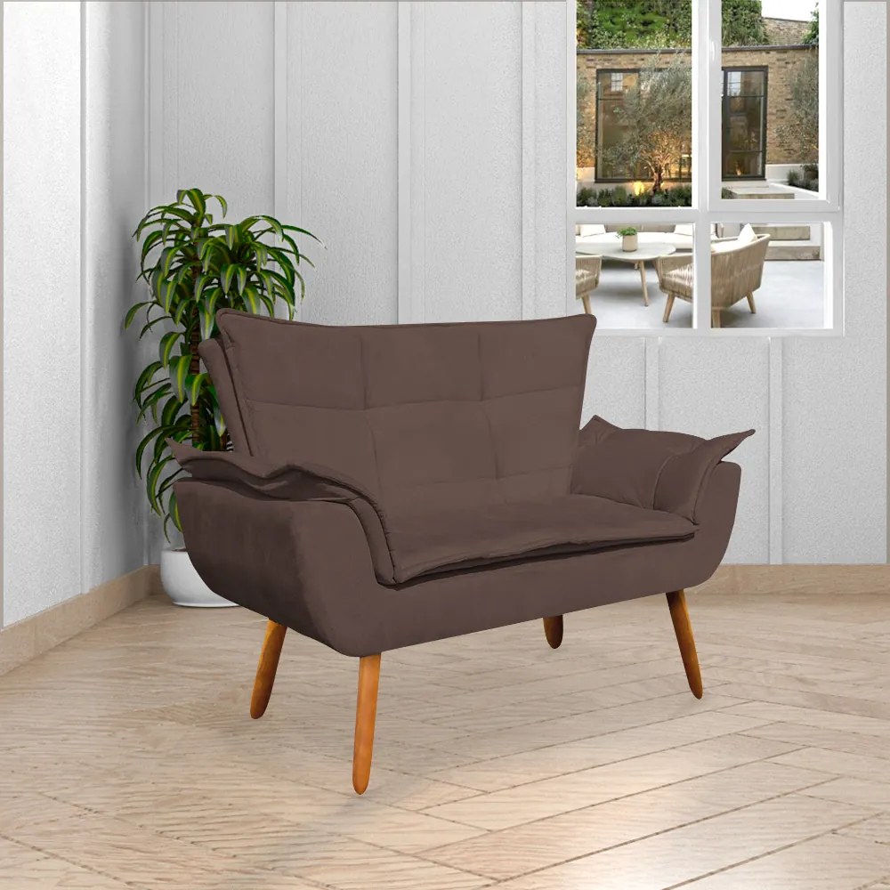 Conjunto Poltrona Puff e Namoradeira Pés Palito Charger Suede Marrom G19 - Gran Belo