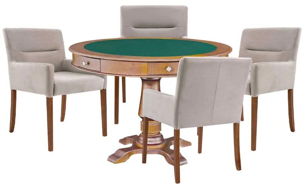 Mesa de Jogos Carteado Victoria Redonda Tampo Reversível Amêndoa com Kit 4 Cadeiras Vicenza Nude G36 G15 - Gran Belo