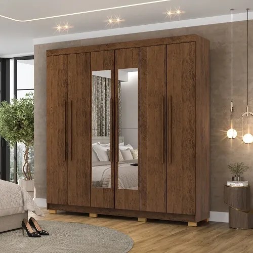 Guarda Roupa Com Espelho Elegance 6 Portas Imbuia Rústico - Vila Rica Móveis