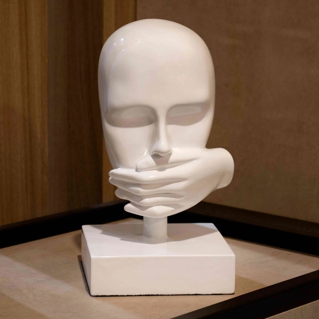 Escultura Decorativa Máscara Rosto Silêncio Branco 25x15 Cm - D'Rossi