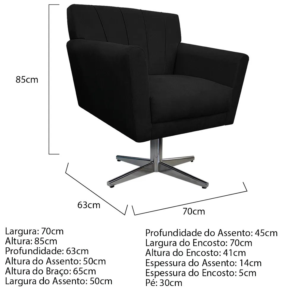 Poltrona Laura Base Giratória de Metal Suede Preto - ADJ Decor