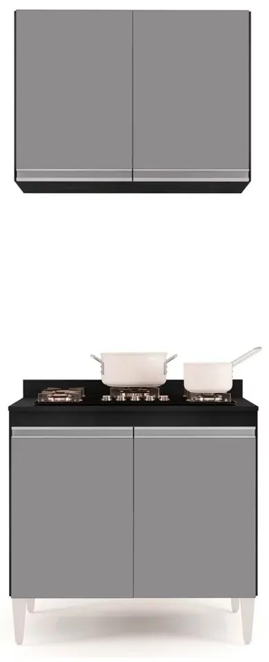 Kit Armário Aéreo e Balcão para Cooktop de Cozinha 02 Portas Diana 80 cm L06 - D'Rossi - Preto e Cinza
